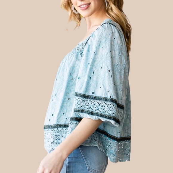 Oli & Hali Washed Eyelet Crochet Lace Babydoll Peasant Top Blouse Puff Sleeve - Picture 2 of 6